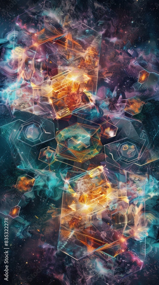 Hexagonal patterns emerge from a sea of swirling, iridescent shapes on a cosmic, starlit background, a glimpse into a celestial realm of geometry.
