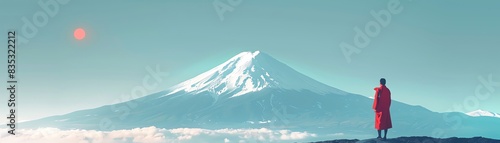 Simple illustration of a person in traditional Japanese clothing Background features Mount Fuji with a clear sky Minimalistic design with soft colors
