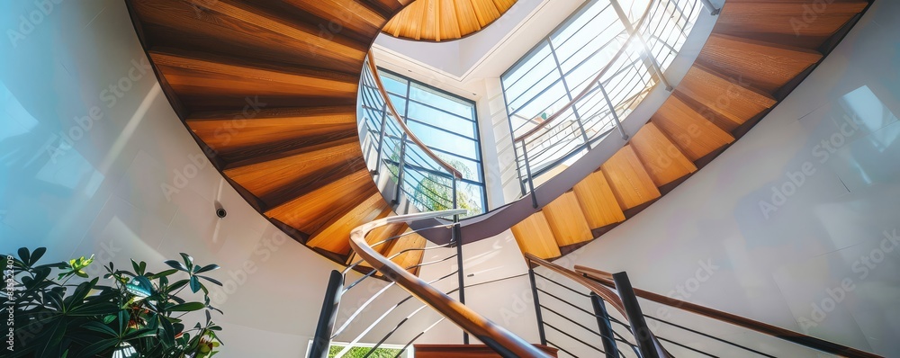 Fototapeta premium Elegant interior design of a modern building featuring wooden stairs and glass ceiling.