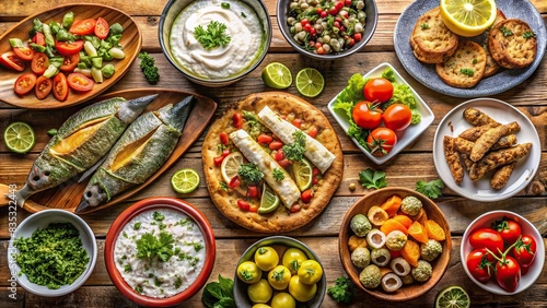 Top view of a selection of traditional Greek food dishes including salad, meze, pie, fish, tzatziki, dolma on a wooden background, Greek, food, salad, meze, pie, fish, tzatziki, dolma photo