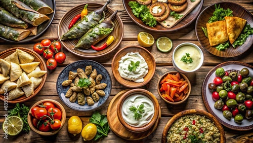 Top view of a selection of traditional Greek food dishes including salad, meze, pie, fish, tzatziki, dolma on a wooden background, Greek, food, salad, meze, pie, fish, tzatziki, dolma