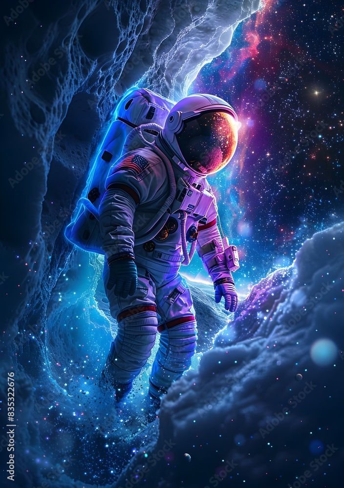 Neon Astronaut Exploring Icy Alien Moon in Cosmic Wonderland Neon Astronaut Exploring Icy Alien Moon in Cosmic Wonderland