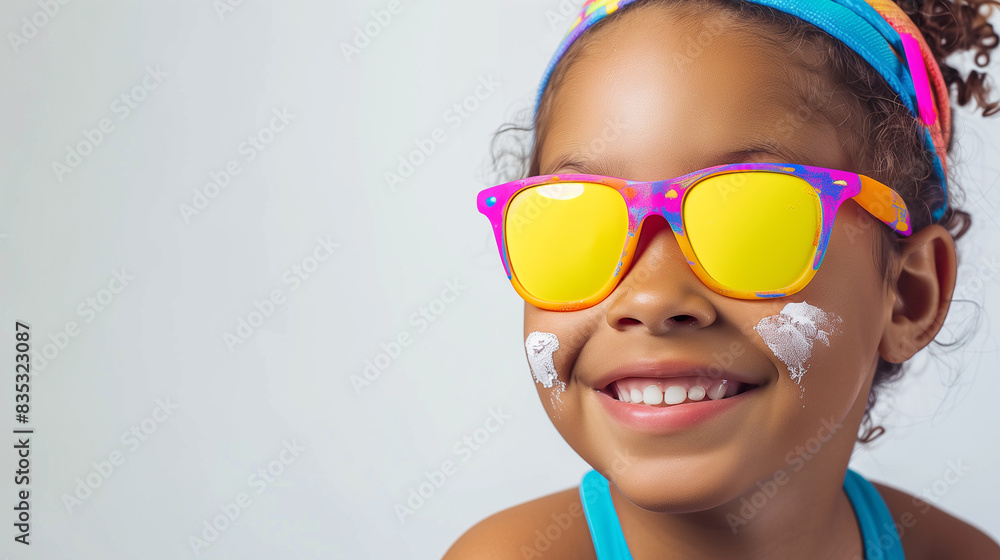 African black girl applies sunscreen for children and babies. Banner with copy space. Yellow sunglasses African black girl applies sunscreen for children and babies. Banner with copy space. Yellow sunglasses