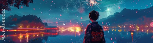 Stylized image of a person in summer festival attire Background shows a firework display over a Japanese lake Simple, vibrant colors photo