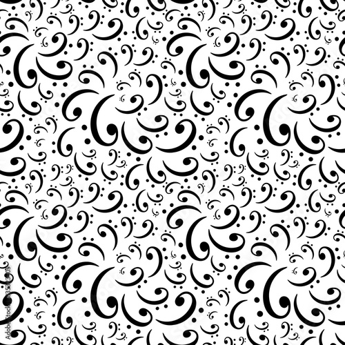 Bass clef music symbols in rotation floating over white backdrop seamless pattern. Elegant surface art texture in black and white for use in fabric or graphic design or printing on various surfaces.