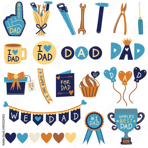 Father's Day appreciation illustration set. I love Dad mug and sticker, best dad foam hand, super dad sash, greeting card and gift for dad and more. Hand drawn vector illustrations.