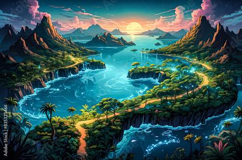 An aerial view of a magical island with bioluminescent plants  mystical creatures  and glowing pathways that form intricate patterns vector art illustration generative AI. 