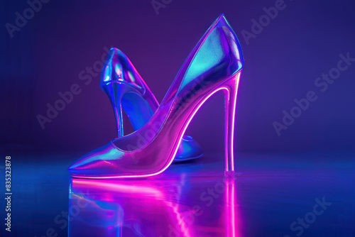 neon glowing purple high heels on reflective surface with pink highlights photo