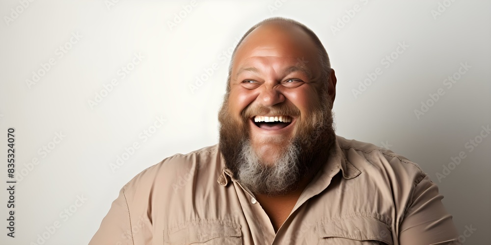 Portrait of a cheerful overweight man with a beard in casual clothing against a white background. Concept Cheerful Overweight Man, Casual Clothing, White Background, Portrait Photography, Beard Portrait of a cheerful overweight man with a beard in casual clothing against a white background. Concept Cheerful Overweight Man, Casual Clothing, White Background, Portrait Photography, Beard