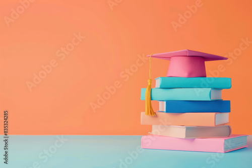 vibrant stacked books with a graduation cap symbolizing academic success on an orange background, copy space for text 