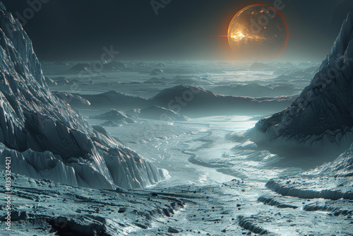 The icy plains of Europa, Jupiter's moon, concealing a subsurface ocean teeming with the potential for extraterrestrial life. Concept of planetary exploration. Generative Ai.