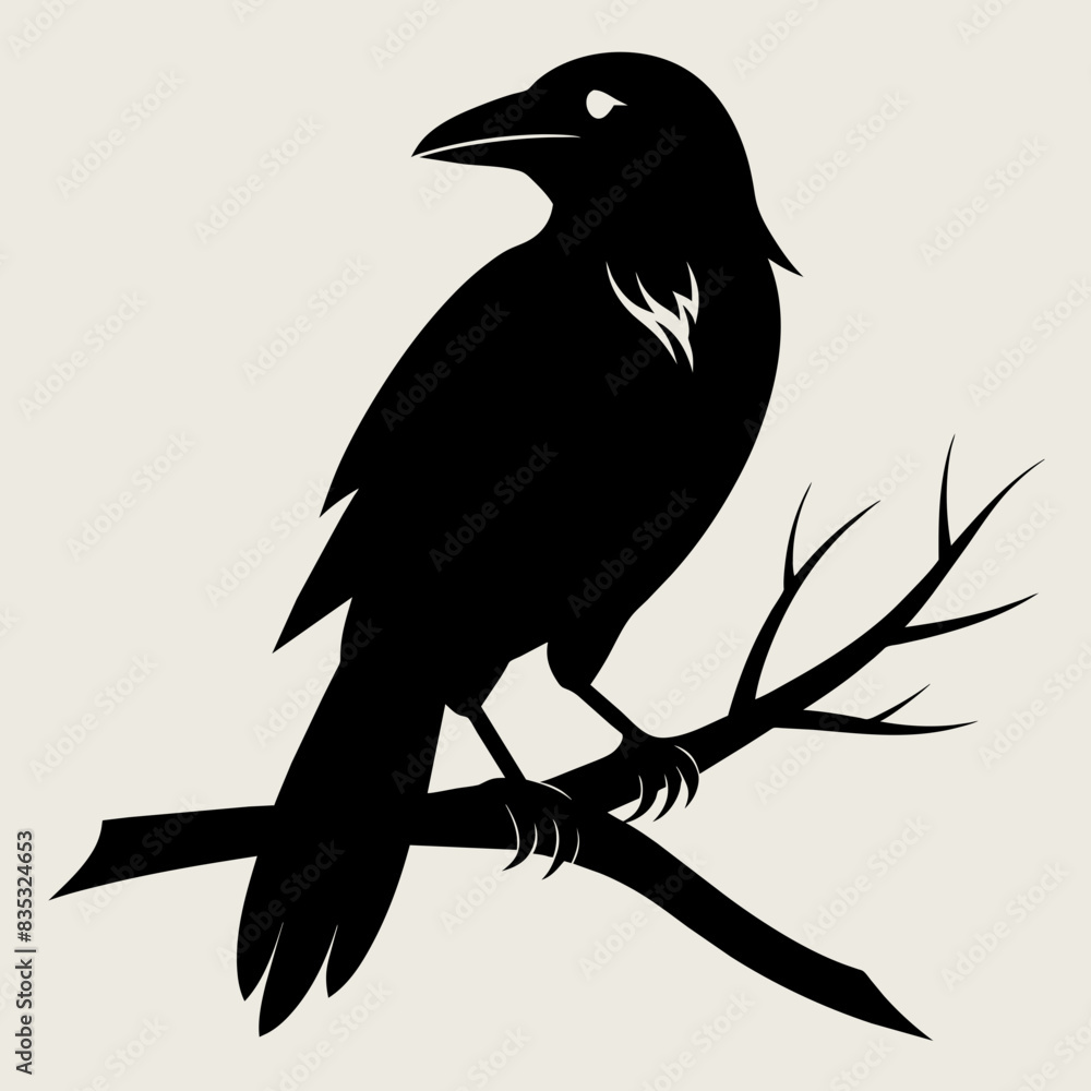 Fototapeta premium Crow setting on a branch vector silhouette