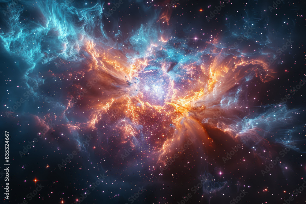 Naklejka premium The ghostly remnants of a supernova explosion, a glowing nebula bearing witness to the death throes of a massive star. Concept of stellar destruction. Generative Ai.