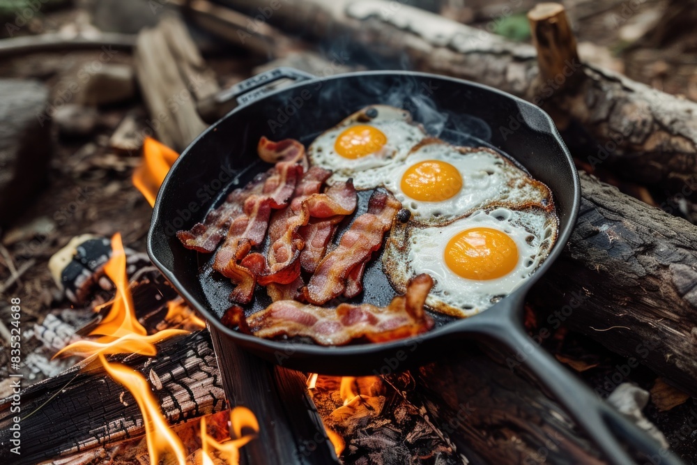 Fried eggs and bacon on a campfire skillet Fried eggs and bacon on a campfire skillet