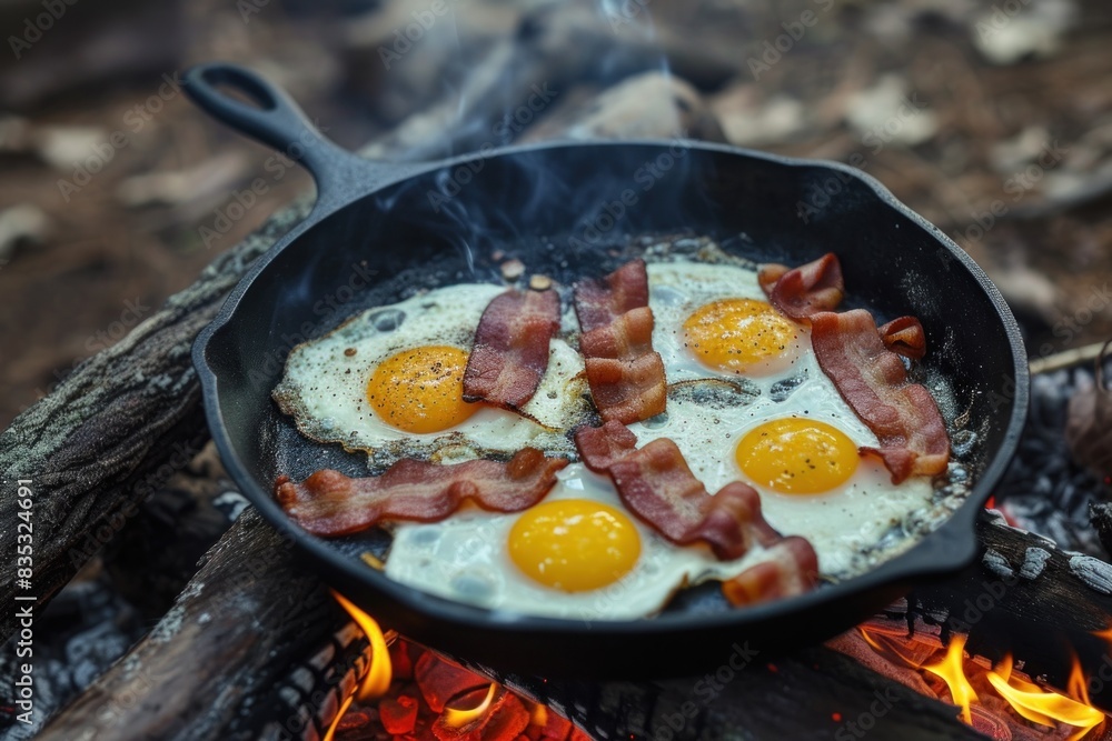 Cast iron skillet with bacon and eggs over fire Cast iron skillet with bacon and eggs over fire