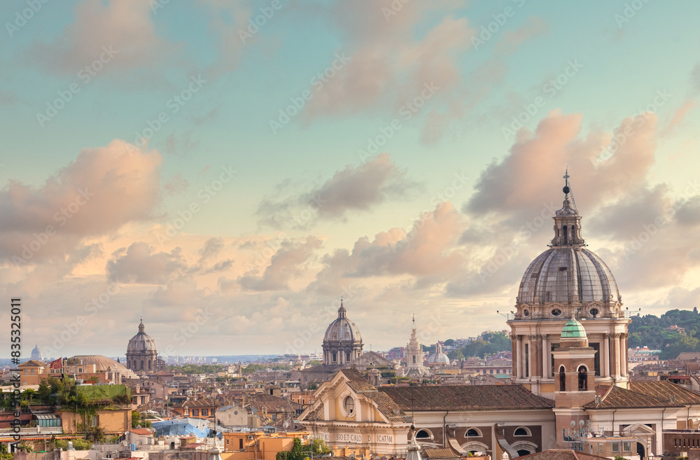 Fototapeta premium Rome, Italy. Urban landscape, blue sky with clouds, church exterior architecture