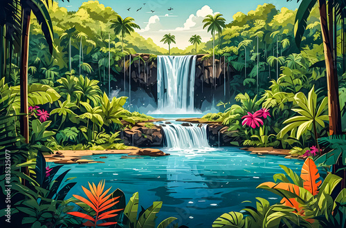 An aerial view of a waterfall cascading into a secret lagoon surrounded by dense  untamed jungle  with vibrant foliage and exotic wildlife vector art illustration generative AI. 