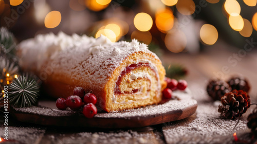 Traditional Christmas dessert Buche de Noel yule log cake with berries on background of blurry gold lights New Year decorations, copyspace