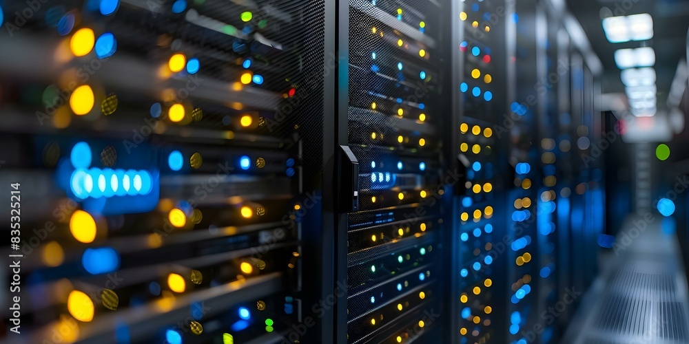 Server Racks in a Modern Data Center for Telecommunications and Cloud Computing Operations. Concept Data Centers, Telecommunications, Cloud Computing, Server Racks, Modern Technology Server Racks in a Modern Data Center for Telecommunications and Cloud Computing Operations. Concept Data Centers, Telecommunications, Cloud Computing, Server Racks, Modern Technology