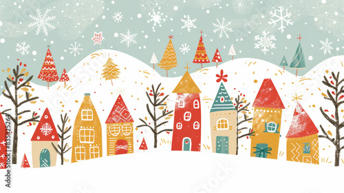 Winter in the village, holiday season postcard style illustration, Merry christmas and happy new year cartoon concept © Maria A