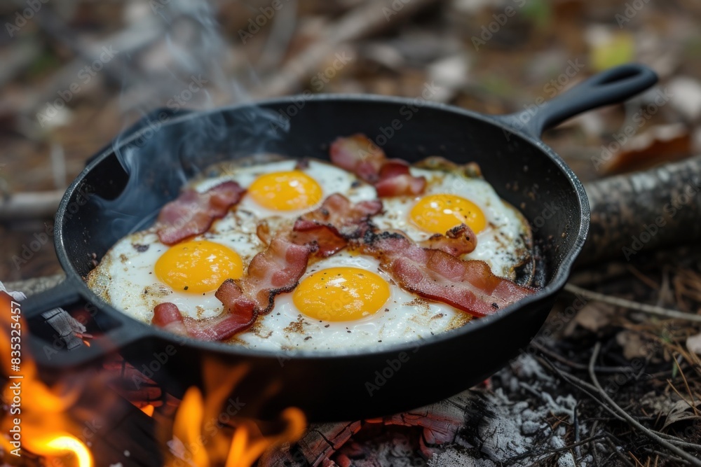 Eggs and bacon cooking on wood fire Eggs and bacon cooking on wood fire
