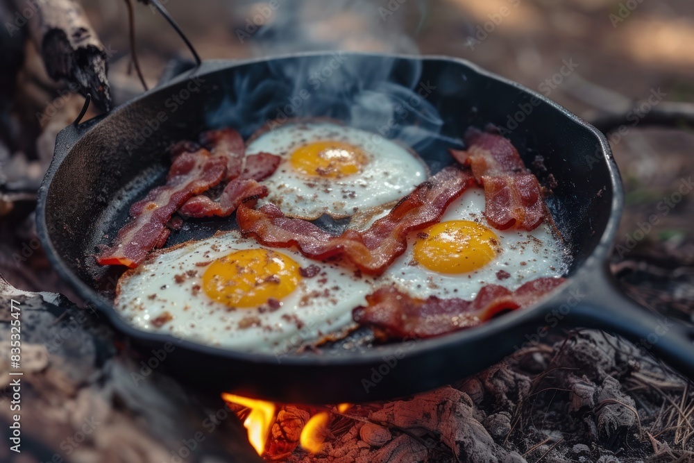 Cooking bacon and eggs on open fire Cooking bacon and eggs on open fire