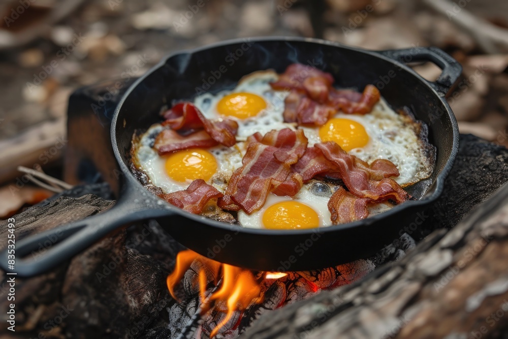 Eggs and bacon sizzling in a cast iron pan Eggs and bacon sizzling in a cast iron pan