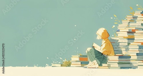 푸른색 배경의 독서 하는 소녀