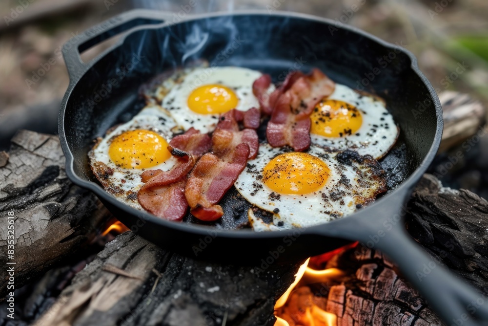 Outdoor cooking of eggs and bacon on fire Outdoor cooking of eggs and bacon on fire