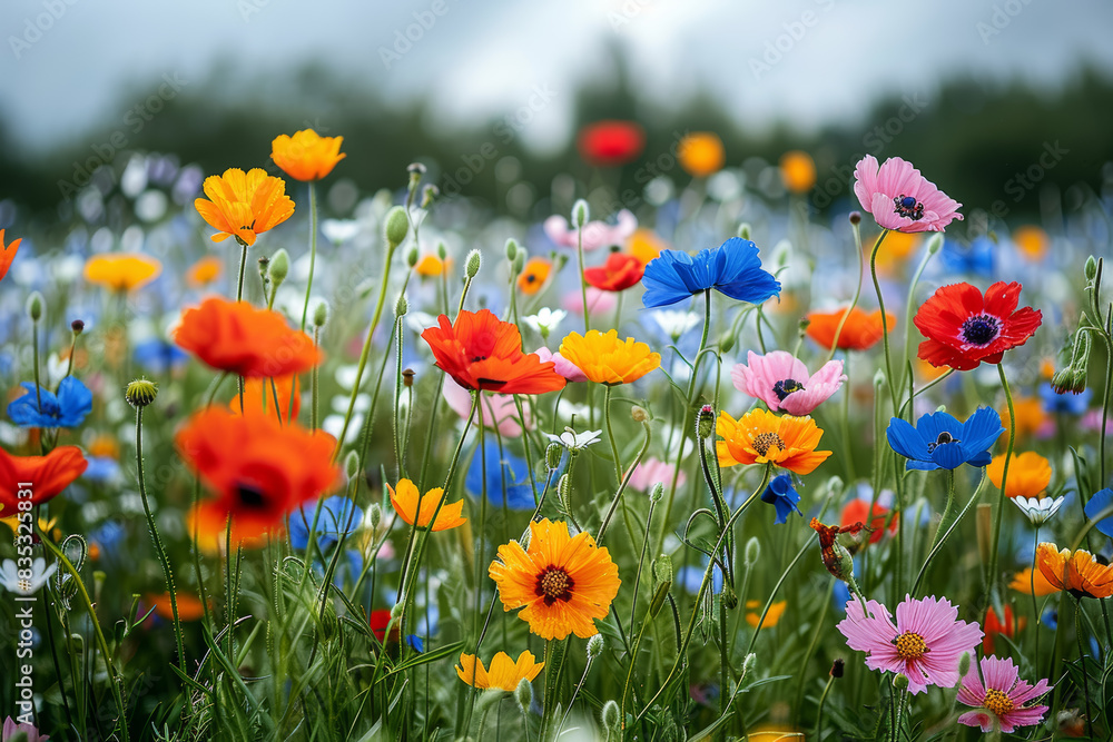 Naklejka premium A verdant meadow blanketed with a riot of wildflowers, their petals swaying in the gentle breeze like a sea of vibrant hues. Concept of floral abundance. Generative Ai.