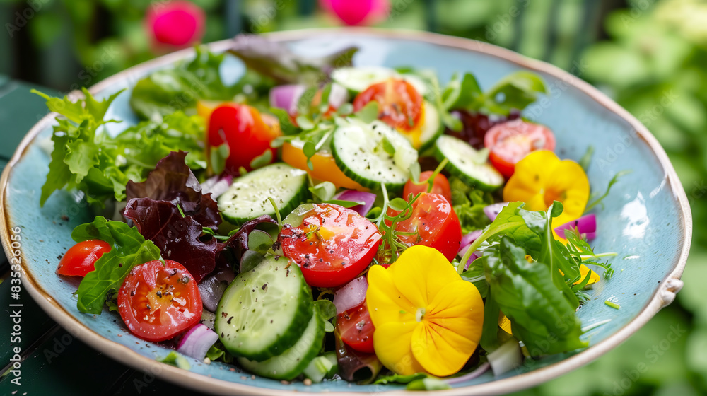 Vitamin salad of fresh summer vegetables - tomatoes, cucumbers, salad greens and edible flowers, in a deep blue porcelain plate on a wooden table. Vitamin salad of fresh summer vegetables - tomatoes, cucumbers, salad greens and edible flowers, in a deep blue porcelain plate on a wooden table.