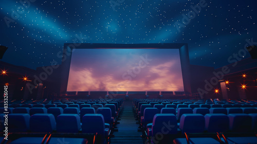 classic Hollywood-style outdoor movie screen under the stars, with a subtle hint of nostalgia, against a dark blue background, copyspace in the center, Outdoor Cinema theme