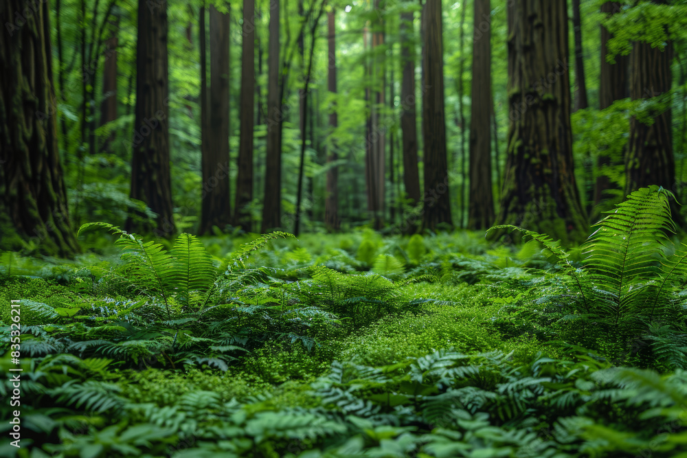 A tranquil grove of ancient redwoods, their towering trunks reaching skyward amidst a carpet of verdant ferns and mosses. Concept of arboreal giants. Generative Ai. A tranquil grove of ancient redwoods, their towering trunks reaching skyward amidst a carpet of verdant ferns and mosses. Concept of arboreal giants. Generative Ai.