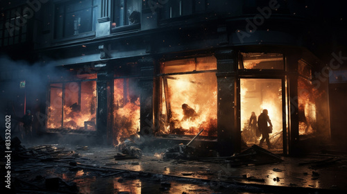 Pogroms and riots in the city at night. People smash shop windows with firebombs photo