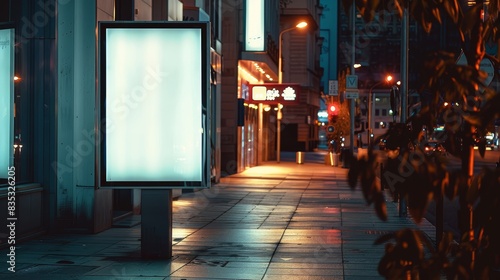 Vertical ad stand with a blank white surface on a city sidewalk at night, perfect for high-resolution outdoor advertisement mockups