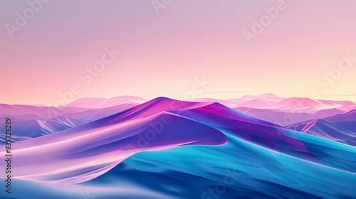 Wide view of a digital landscape with gradient hills at dusk, emphasizing serene and futuristic vibes. Ideal for visual themes of calm and innovation