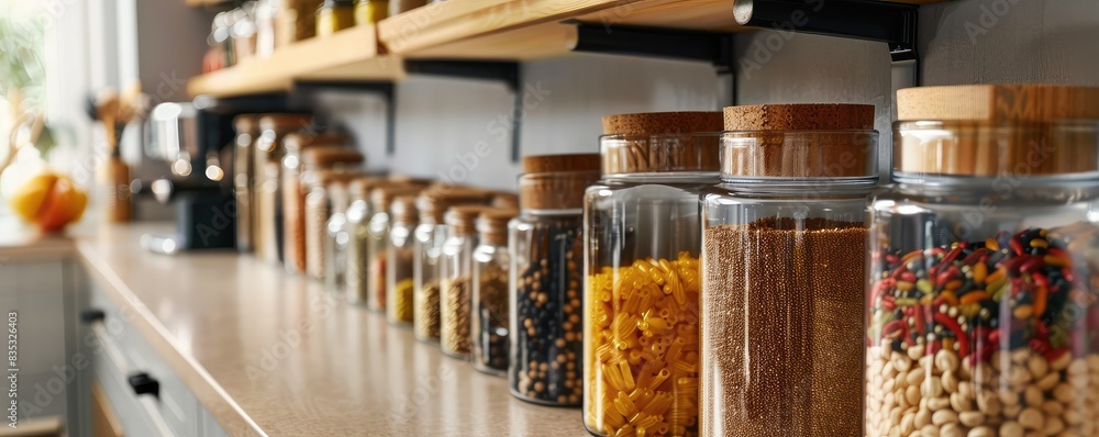 Shelves stocked with various jars filled with legumes, pasta, and herbs in a kitchen pantry. Shelves stocked with various jars filled with legumes, pasta, and herbs in a kitchen pantry.