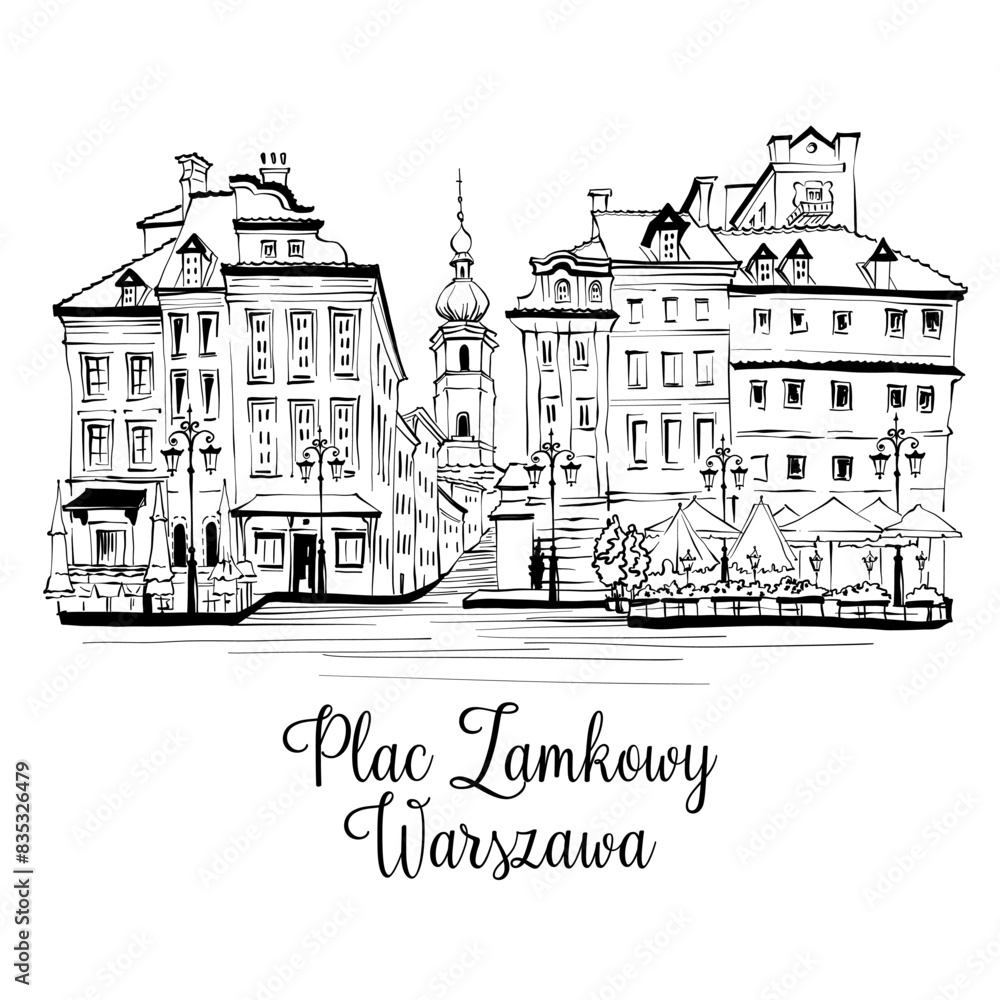 Vector black and white sketch of Castle Square in Warsaw Old town, Poland.
