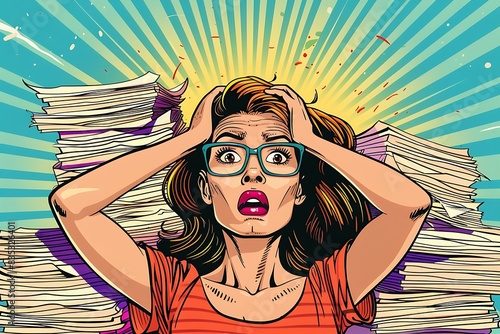 woman surrounded by stacks of papers and documents in shock, deadline in office work or exam, panic and confusion, pop art illustration style