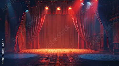 Empty theater stage with red curtains and spotlight