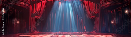 Empty theater stage with red curtains and spotlight
