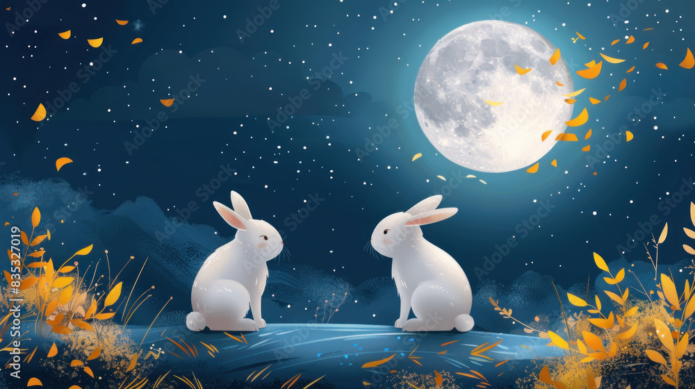 Stylish Mid-Autumn Festival vector: full moon, cute bunnies, lines on a dark blue background. Yellow leaves flying. Translation from Chinese: Mid-Autumn Festival. Stylish Mid-Autumn Festival vector: full moon, cute bunnies, lines on a dark blue background. Yellow leaves flying. Translation from Chinese: Mid-Autumn Festival.
