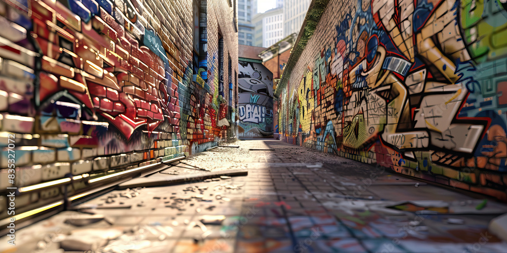 Fototapeta premium Digital Graffiti Alley: An alleyway where digital graffiti artists use augmented reality to create vibrant and dynamic street art.