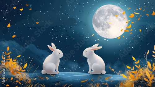 Stylish Mid-Autumn Festival vector: full moon, cute bunnies, lines on a dark blue background. Yellow leaves flying. Translation from Chinese: Mid-Autumn Festival.