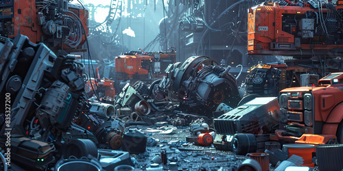 Cybernetic Junkyard: A junkyard filled with discarded cybernetic parts and machinery, with scavengers salvaging for valuable components among the scraps photo