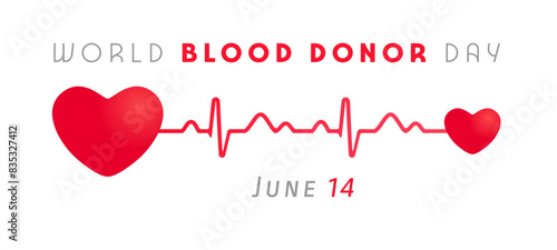 World blood donor day advertising banner. Horizontal poster. Cute red heart shape and heartbeat schedule. Realistic pulse trace line. Charity symbol. Medical sign. International blood donating day.