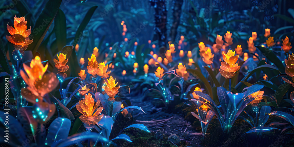 Bioluminescent Garden: A garden filled with bioluminescent plants that glow in the dark, creating a surreal and ethereal atmosphere