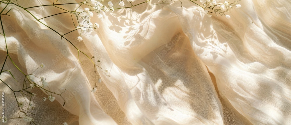 Beige linen fabric texture with folds and natural floral sunlight shadows, aesthetic summer wedding bohemian background Beige linen fabric texture with folds and natural floral sunlight shadows, aesthetic summer wedding bohemian background