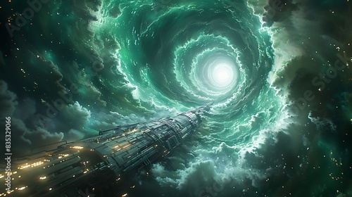 A cybernetic depiction of the Algorithmic Abyss, with intense green and blue algorithmic patterns spiraling into a dark, industrial setting that includes visible mechanical components. photo
