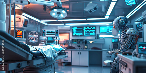 Cybernetic Enhancement Clinic: A clinic specializing in cybernetic enhancements for humans, with surgical rooms, advanced prosthetics, and patients undergoing procedures
